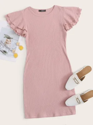 Two Layer Ruffle Sleeve Rib-knit Dress